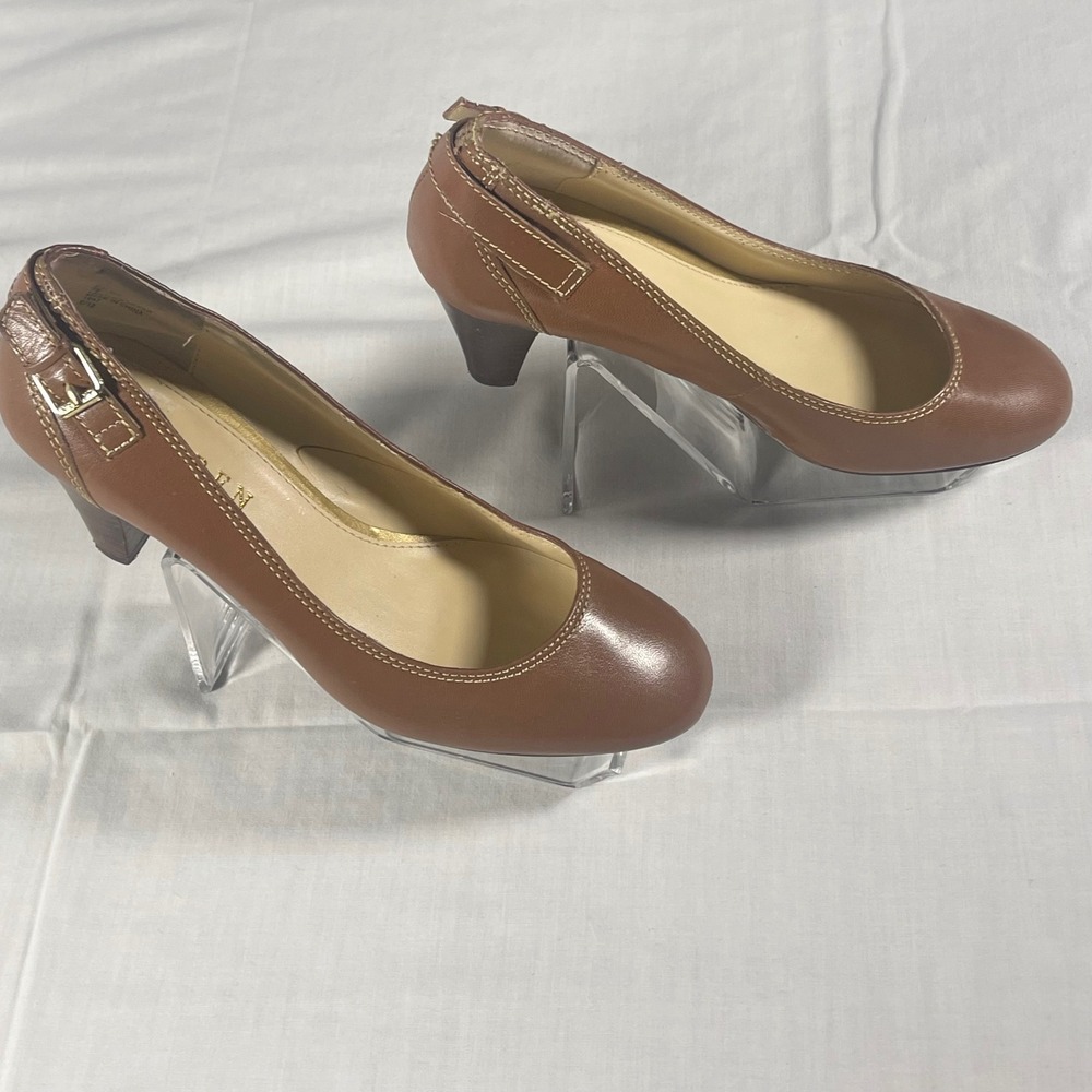Lauren Ralph Lauren Salma Pumps Women's 7B Cognac Tan Buckle Stacked Heel - Picture 3 of 6